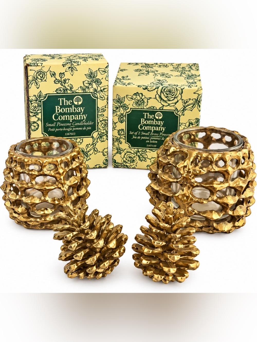 Vintage 1993 Bombay Company Brass Pinecone Candle Holders Decor Set of 4